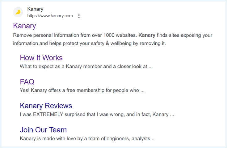 Kanary claims to remove personal information from over 1,000 sites in their Google snippet
