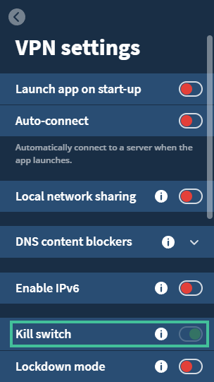 Mullvad's VPN settings with the kill switch highlighted