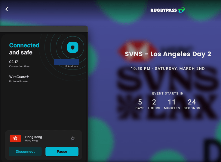 Screenshot of Los Angeles Rugby 7s match on Rugby Pass TV with Surfshark connected to Hong Kong server.