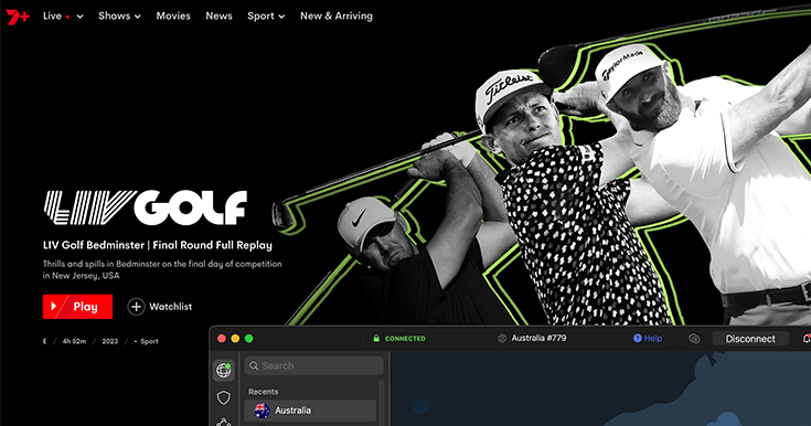 LIV Golf Startseite bei 7plus Website, verbinden mit NordVPN über einen Server in Australien im Hintergrund.