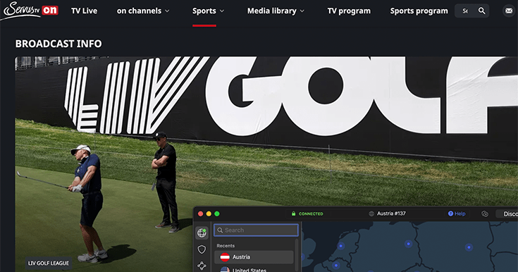 LIV Golf Startseite bei Servus TV, verbunden mit NordVPN über einen Server in Österreich im Hintergrund.