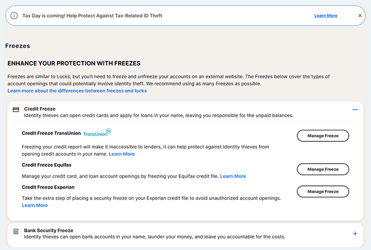 A screenshot of your options to freeze your credit accounts
