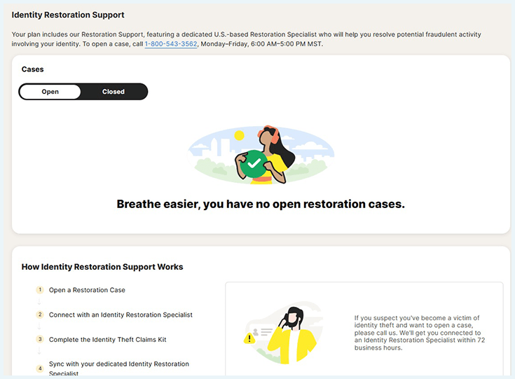 A screenshot of the option to access identity restoration support