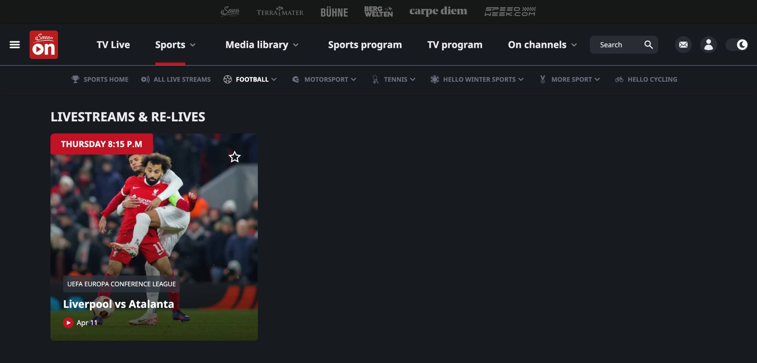 A screenshot showing the Liverpool vs Atalanta match of Servus TV