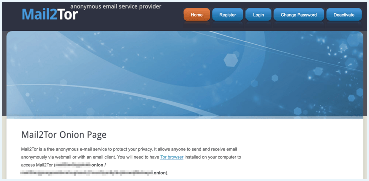 A screenshot of Mail2Tor - a dark web email service