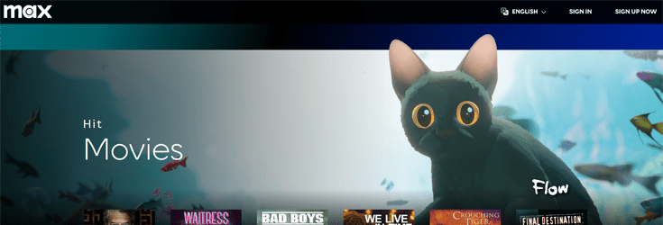 Screenshot of the Max homepage