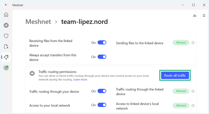 A screenshot of NordVPN's Meshnet functionality with "Route all traffic" highlighted