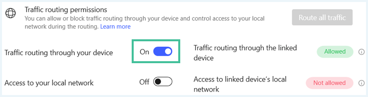A screenshot of NordVPN's Meshnet functionality with "Traffic routing through your device" enabled