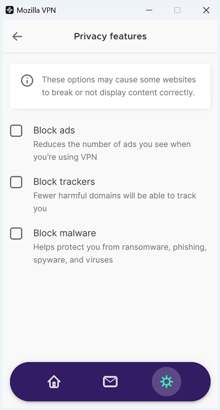 A screenshot of Mozilla VPN's ad blocker