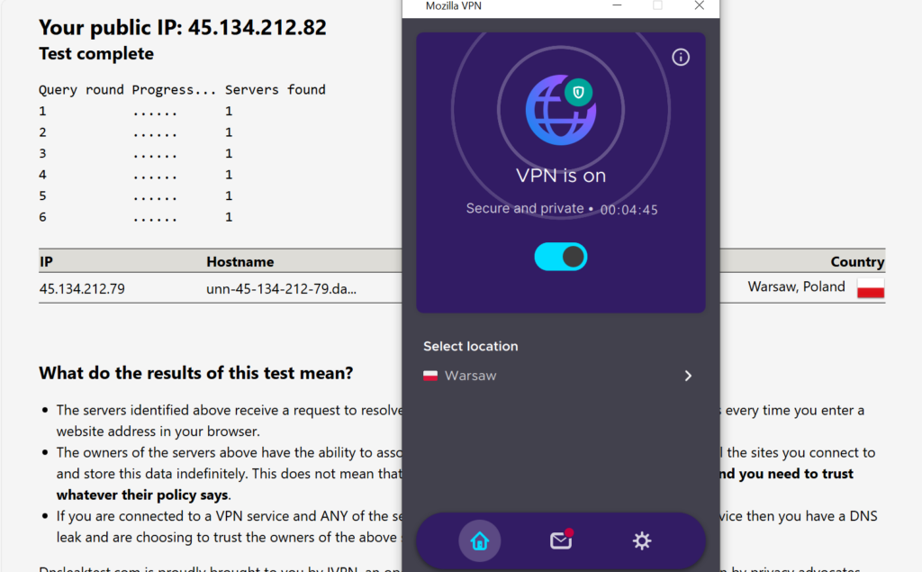 Mozilla VPN's DNS leak test results