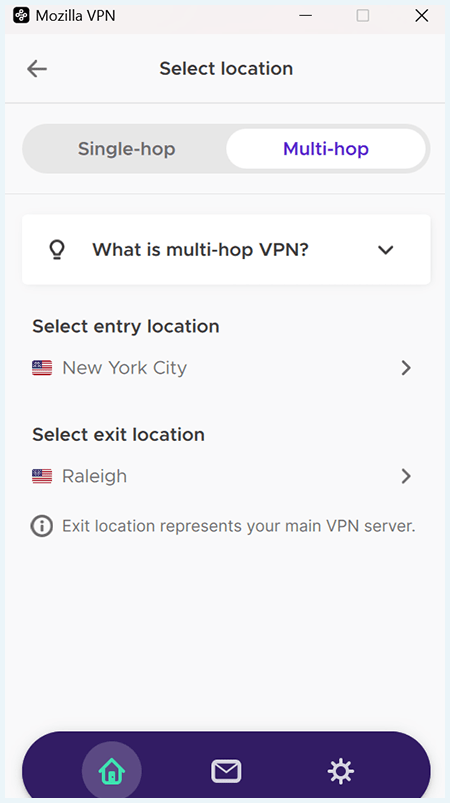 A screenshot of Mozilla VPN's multi-hop feature