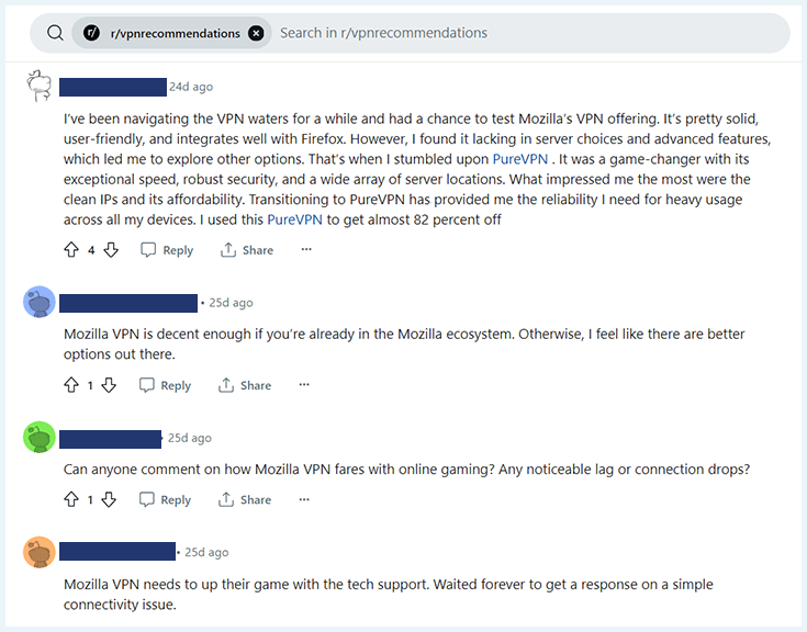 A screenshot of Mozilla VPN comments from Redditors