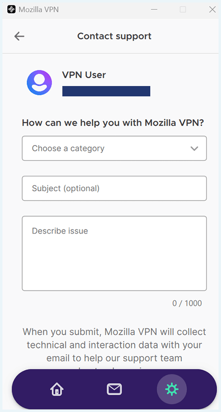 A screenshot of Mozilla VPN's customer support form
