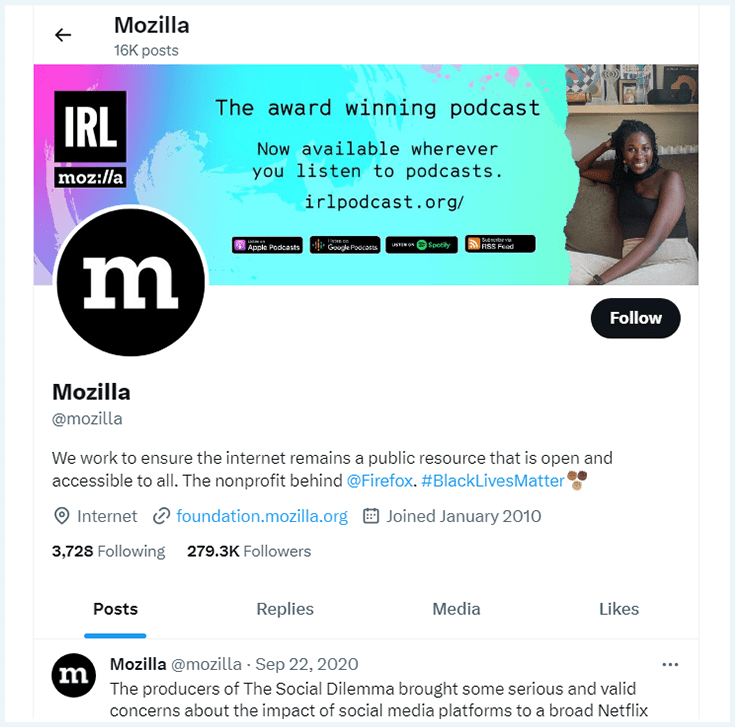 A screenshot of Mozilla VPN's Twitter homepage