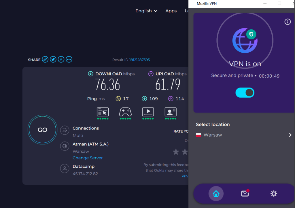 Mozilla VPN's speed test results