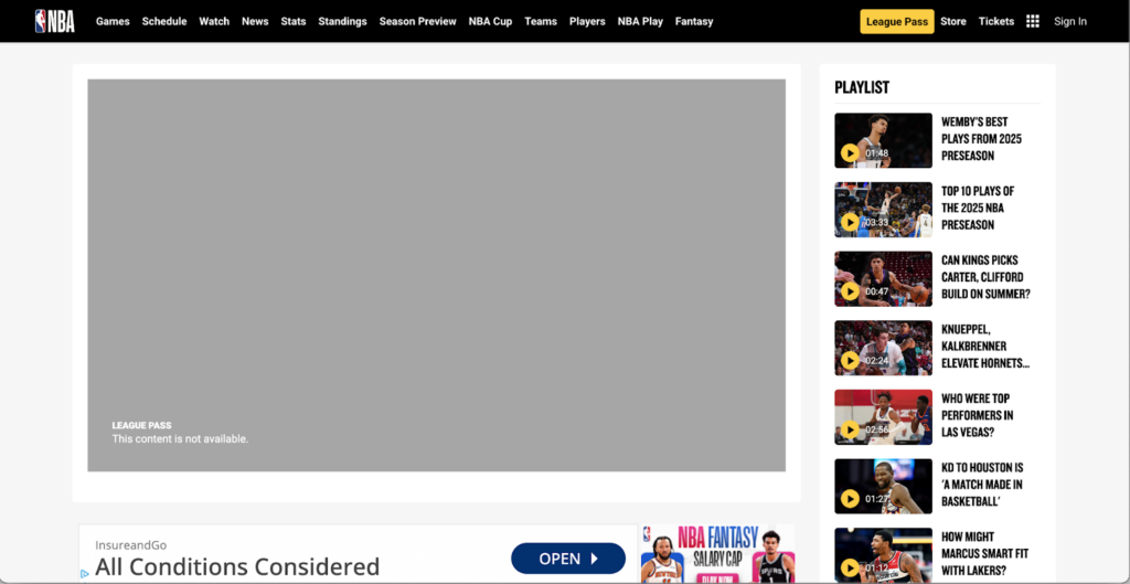 NBA League Pass error screen
