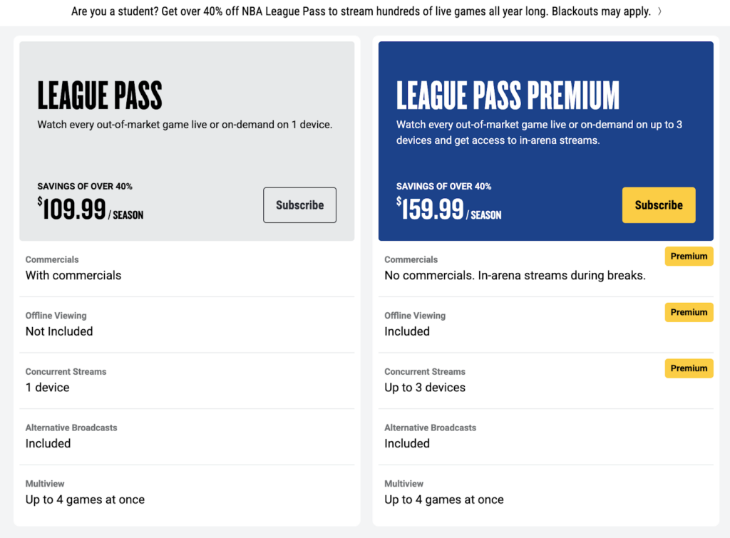 NBA League Pass pricing for the 2025/26 season