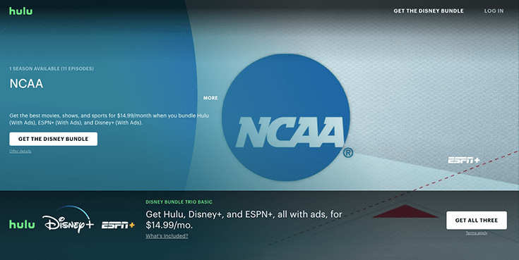 The NCAA section on the Hulu streaming website