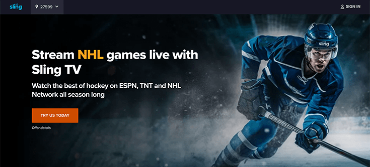 NHL landing page on Sling TV.