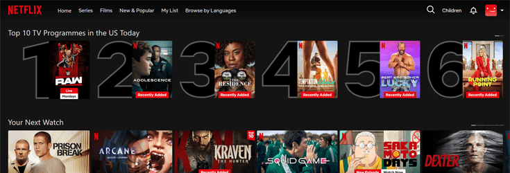 Screenshot of the Netflix homepage