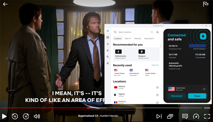 Netflix US playing an episode of Supernatural ("Hunteri Heroici") while Surfshark VPN is connected to a United States server in New York