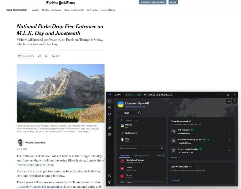 New York Times paywall bypassed with NordVPN Ukraine server