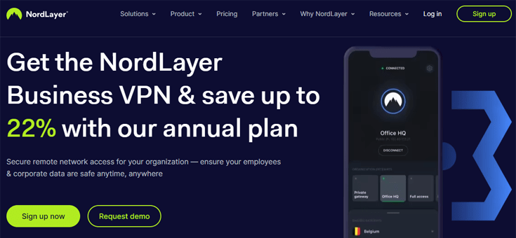 Screenshot of the NordLayer homepage.