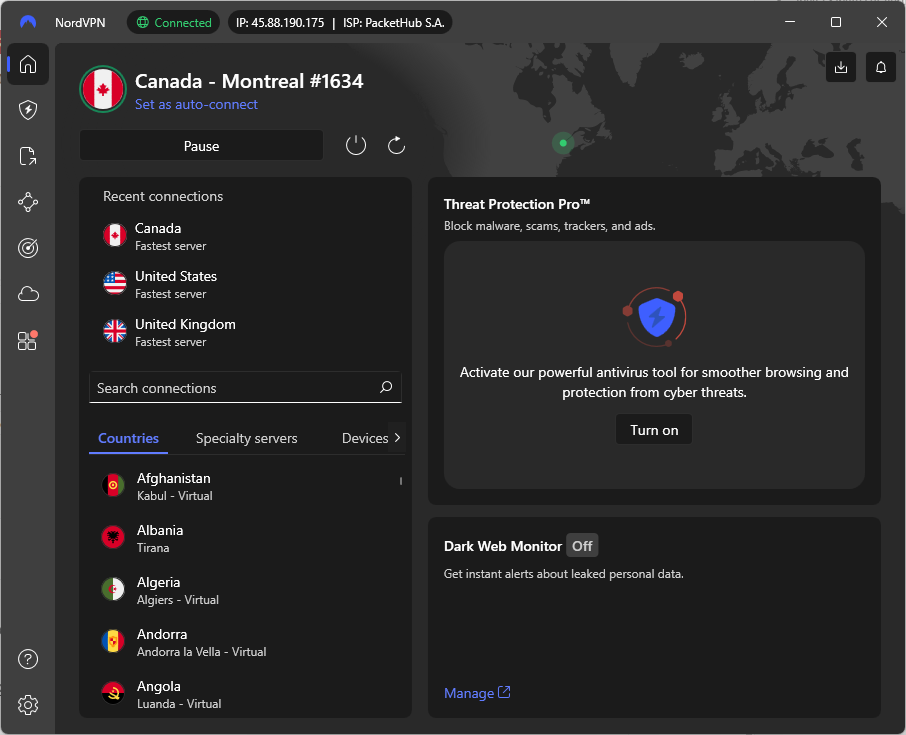 NordVPN connected to Canada to access CBC Gem