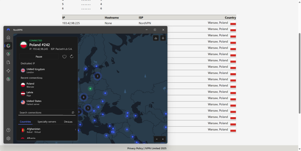 NordVPN's DNS leak test results