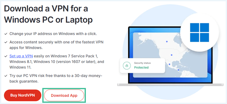 A screenshot of NordVPN's website with "Download App" highlighted