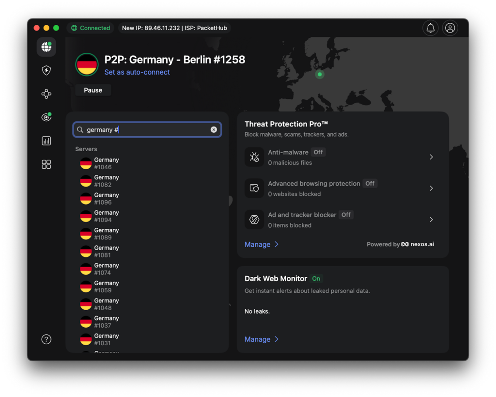 NordVPN German server selection app view