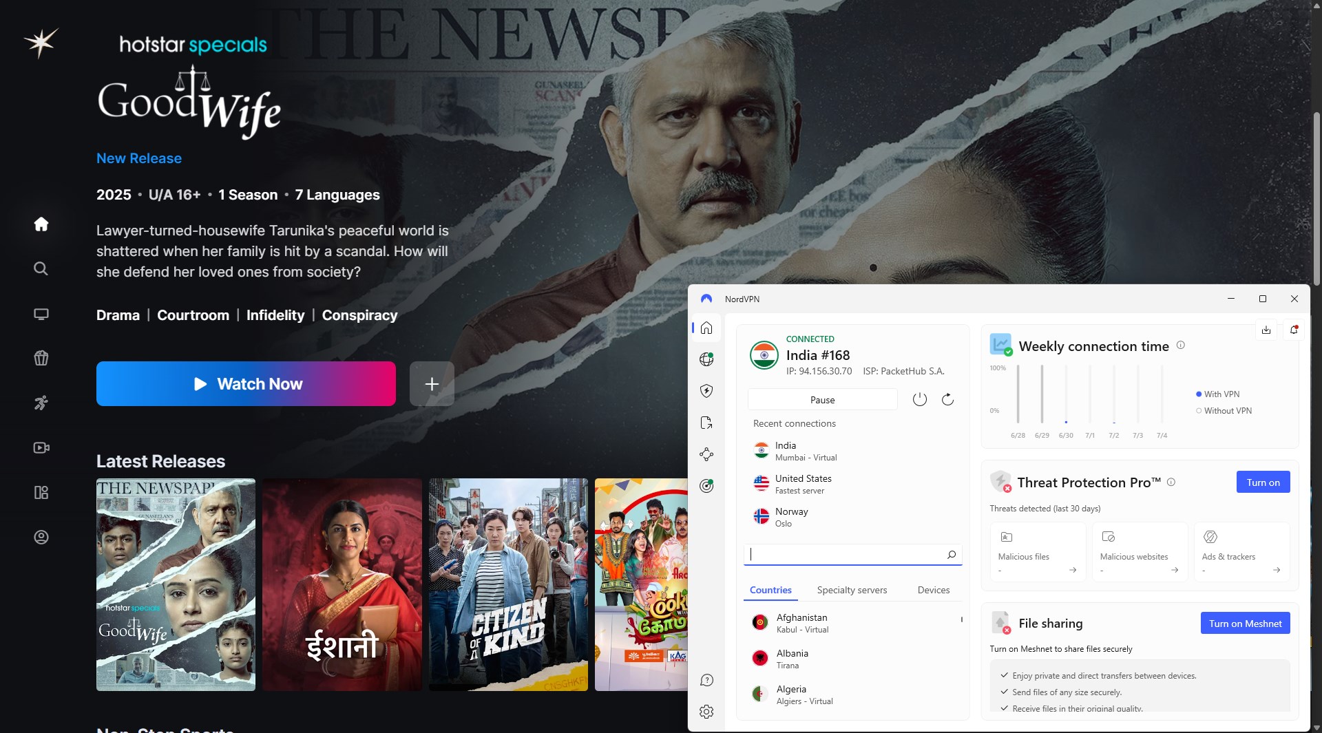 Hotstar India unlocked with NordVPN's Indian server