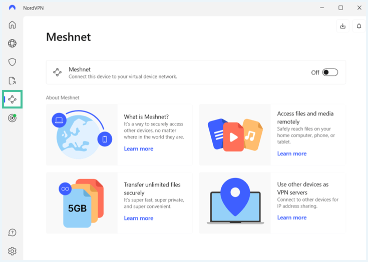NordVPN's Meshnet functionality with the Meshnet symbol highlighted