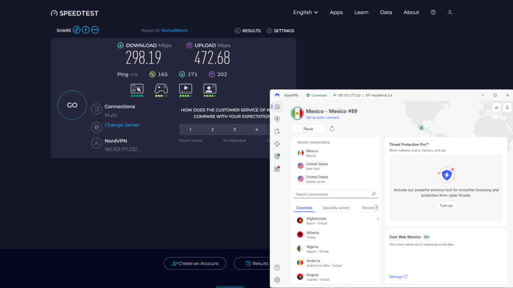 NordVPN speed test with Mexico server. Baseline speeds - 3ms, 466.29 Mbps download, 582.28 Mbps upload