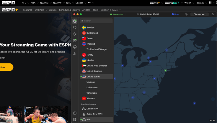 Unblocking ESPN+ with a connection to NordVPN in the US
