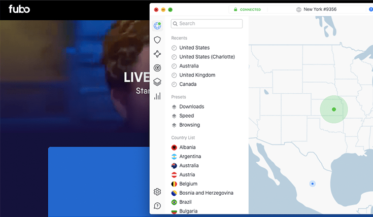 Image shows NordVPN unblocking Fubo TV in the US on a US VPN server