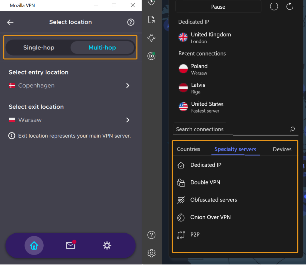 NordVPN's and Mozilla VPN's specialty servers