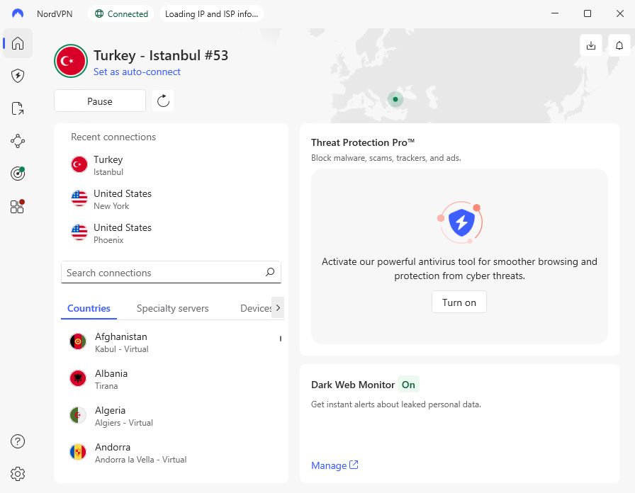NordVPN app's interface
