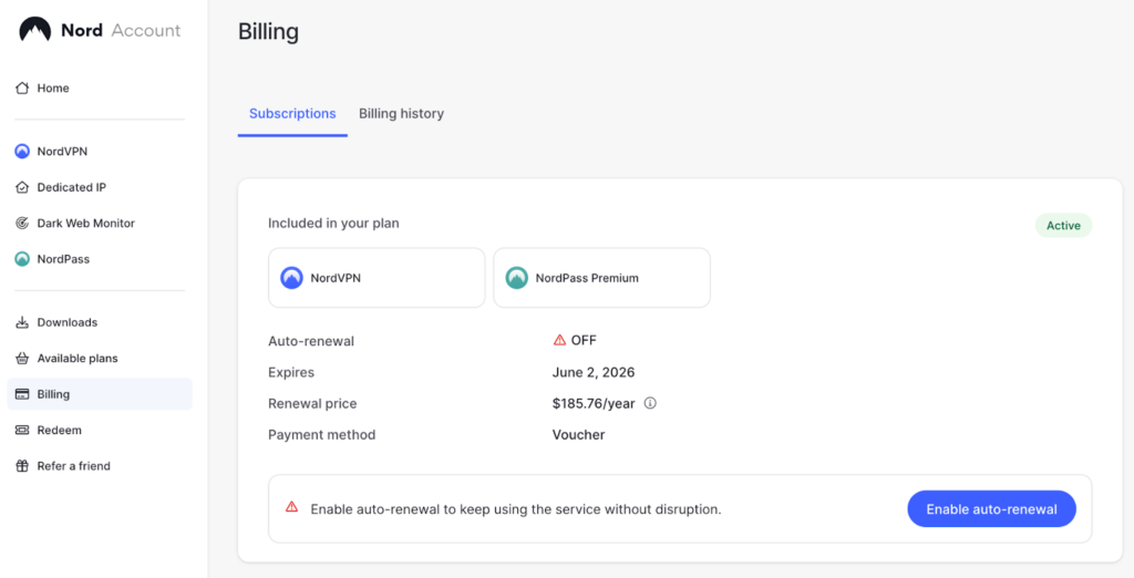 NordVPN auto-renewal setting section
