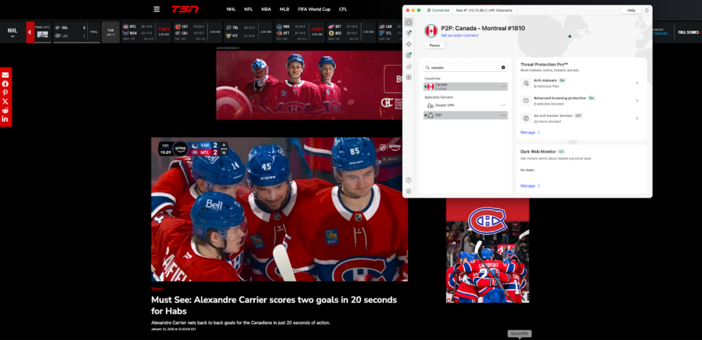 NordVPN connected to a Canadian server and accessed the TSN sports streaming site