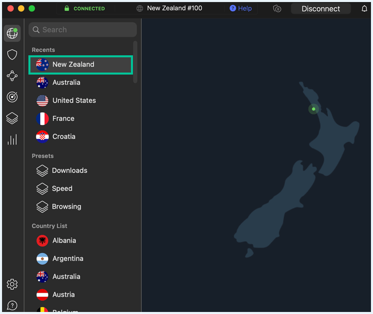 NordVPN app connected to a New Zealand server, with New Zealand in a green box.