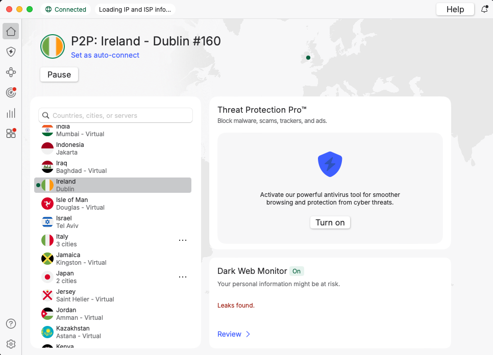 NordVPN connected to Ireland