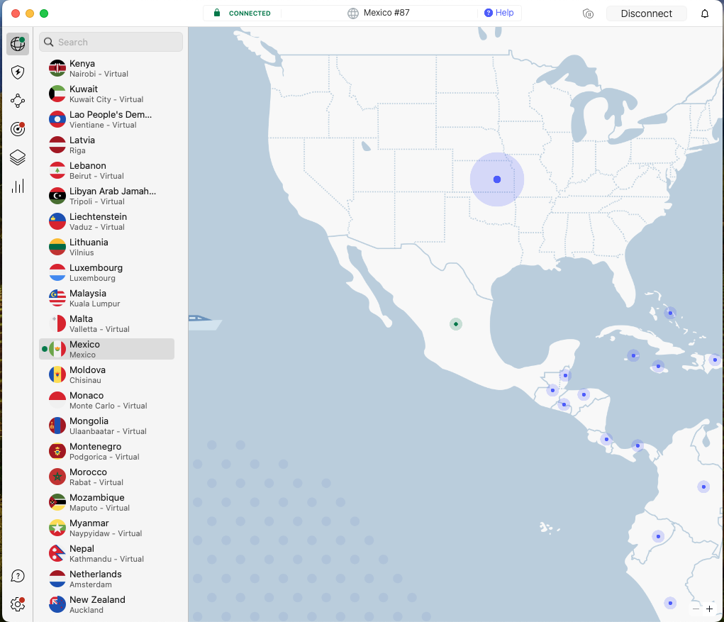 NordVPN connected to Mexico