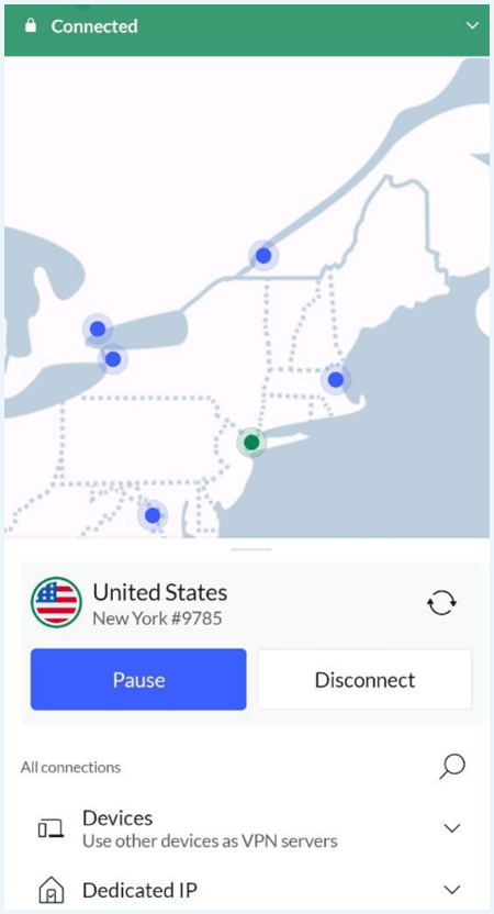 Screenshot of NordVPN app connected to a New York server