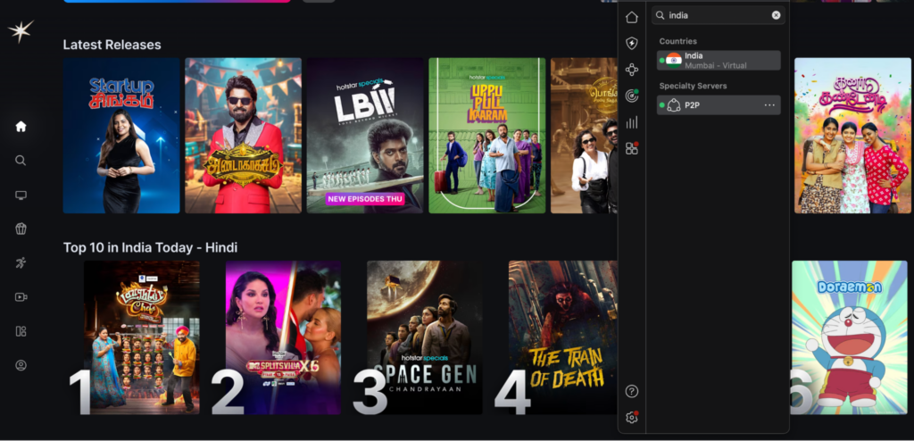 NordVPN connected to India country and accessed Hotstar streaming site
