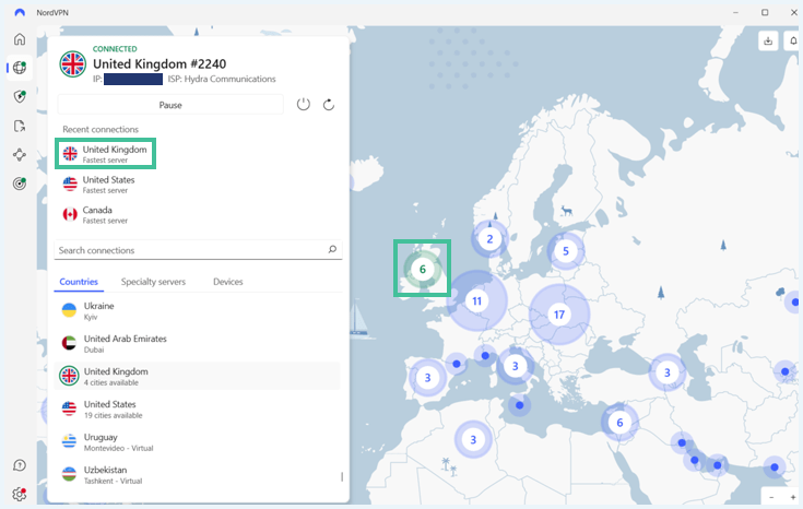 Screenshot of the NordVPN app connected to a server in the United Kingdom