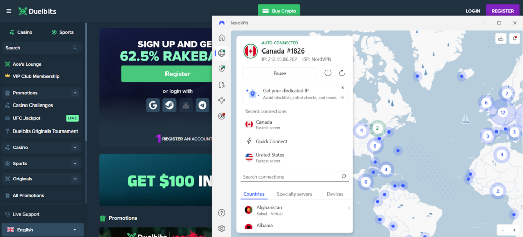 NordVPN connected to a legal Duelbits server, and Duelbits is unblocked on the Canadian server