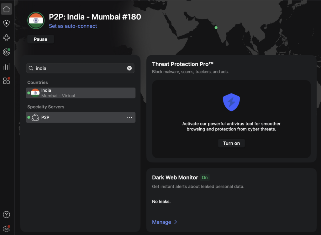 NordVPN connected to an Indian IP address in Mumbai