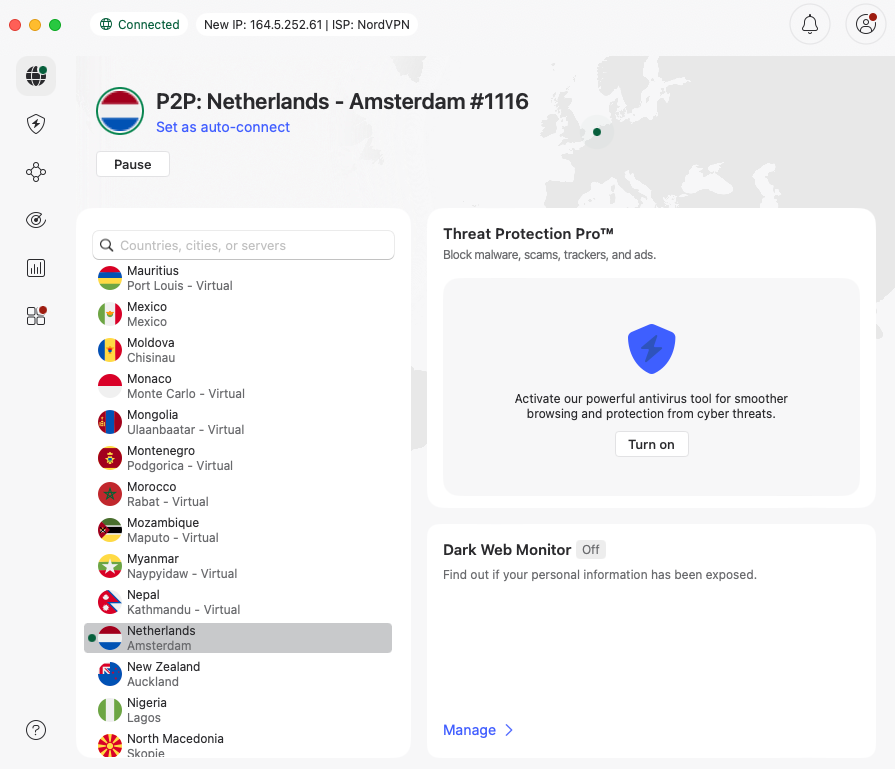 NordVPN connected to the US