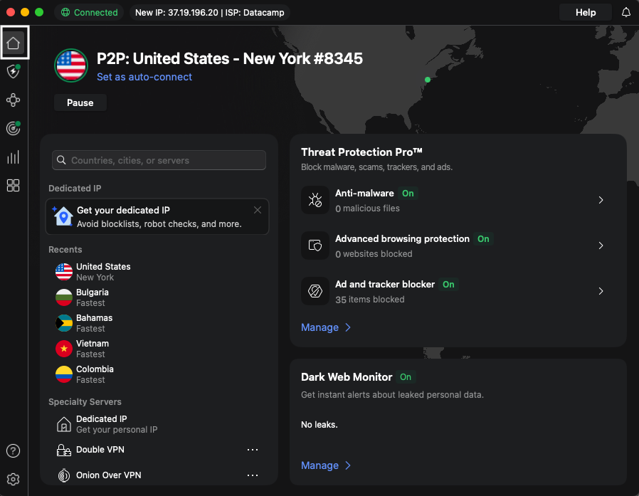NordVPN interface view